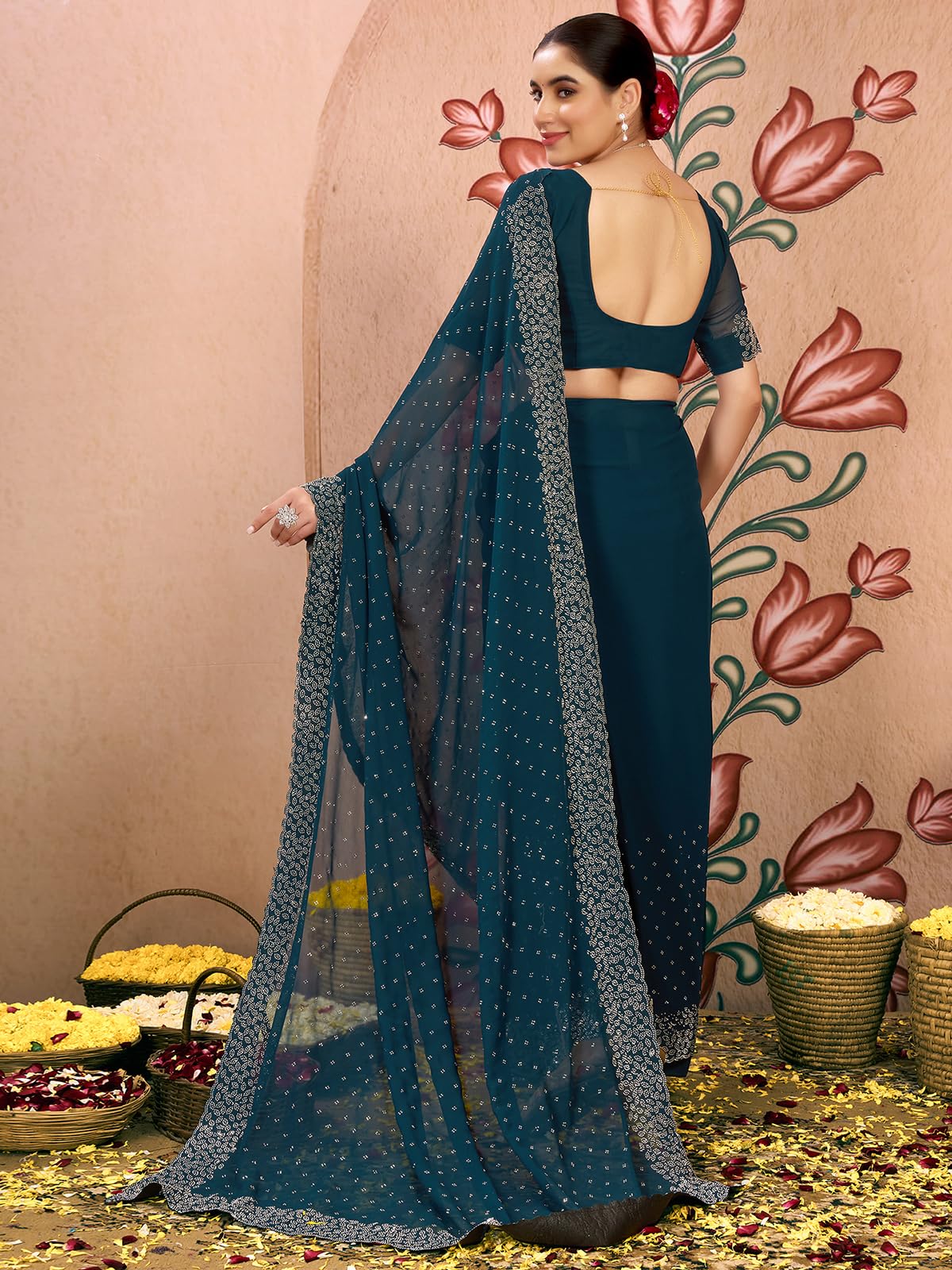 Satrani Women's Georgette Stone Work Saree With Unstitched Blouse Piece (4085S187N_Rama Blue2)