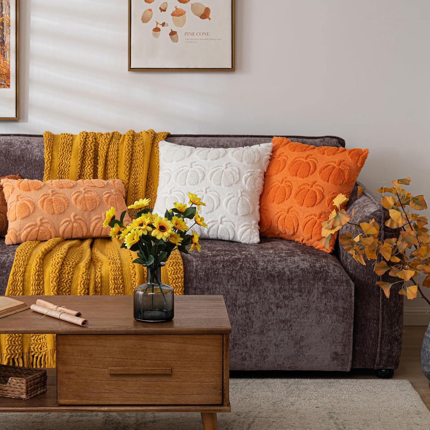 Pumpkin Fall Decorative Throw Pillow Covers 12"x20", Set of 4 Soft Faux Fur Pillow Covers for Autumn Harvest, Fluffy Plush Accent Pillow Cases for Farmhouse Halloween Decor
