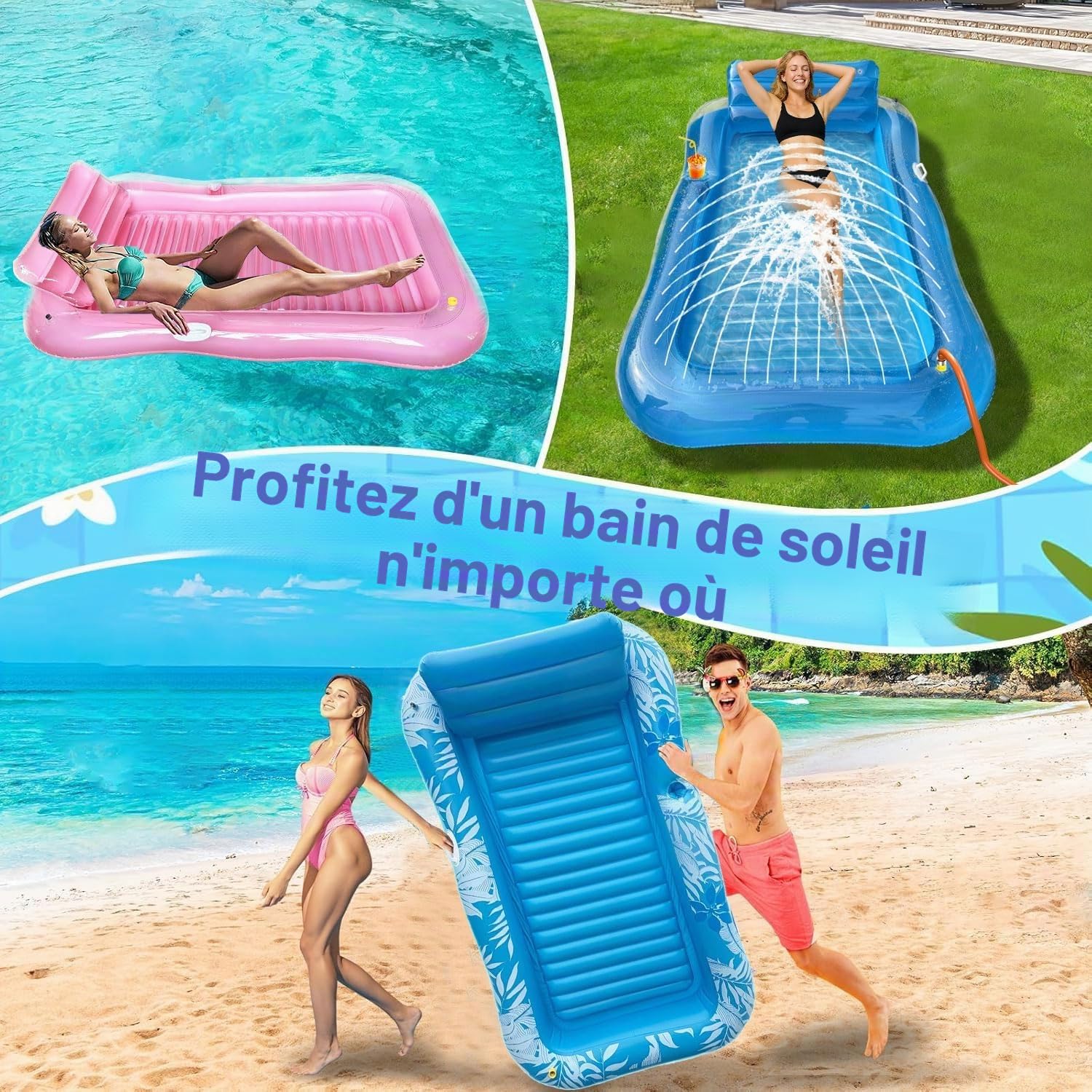 Matelas gonflable de piscine pour adulte avec arroseur intégré, lit gonflable pour piscine, radeaux de bain de soleil, bronzage pour piscine en plein air