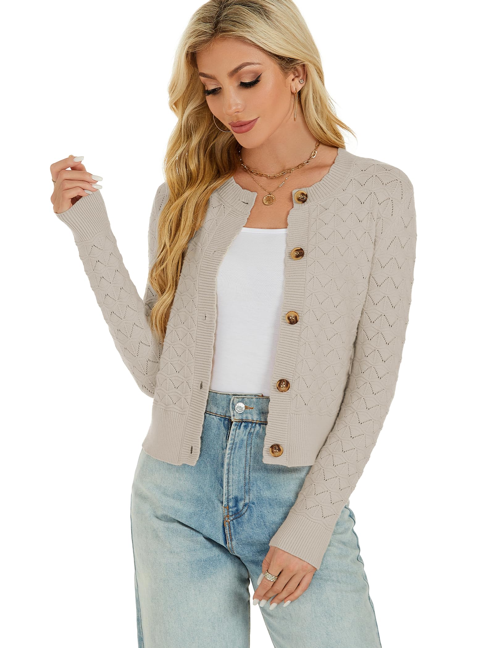 Damen Strickjacke Elegant Langarm Rundhals Cardigan Leicht Bolero Jäckchen mit Knöpfe Weiche Jacke über Top Kleid