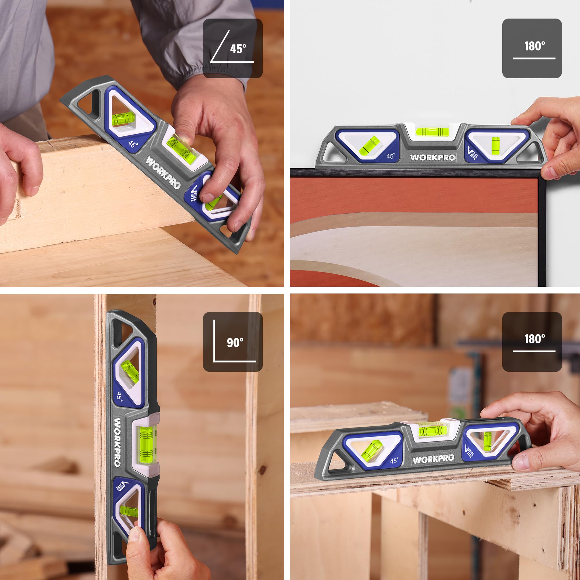 WORKPRO Niveau Torpédo Magnétique en Alliage d’Aluminium 25 cm | 3 Fioles 45°/90°/180°, Précision 0,5 mm/m, Fioles à Double Lecture Brevetées