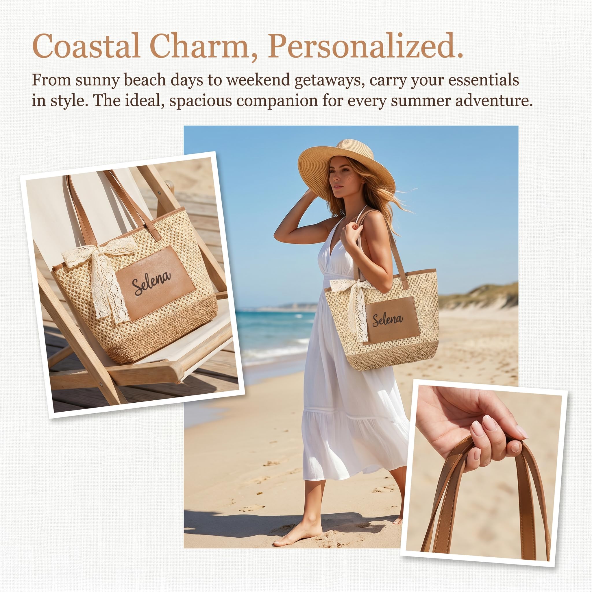 Sac de Plage Personnalisé Femme Sac Cabas Paille avec Prénom Grand Sac Tote d’Été Porté Épaule pour Plage Voyage Shopping