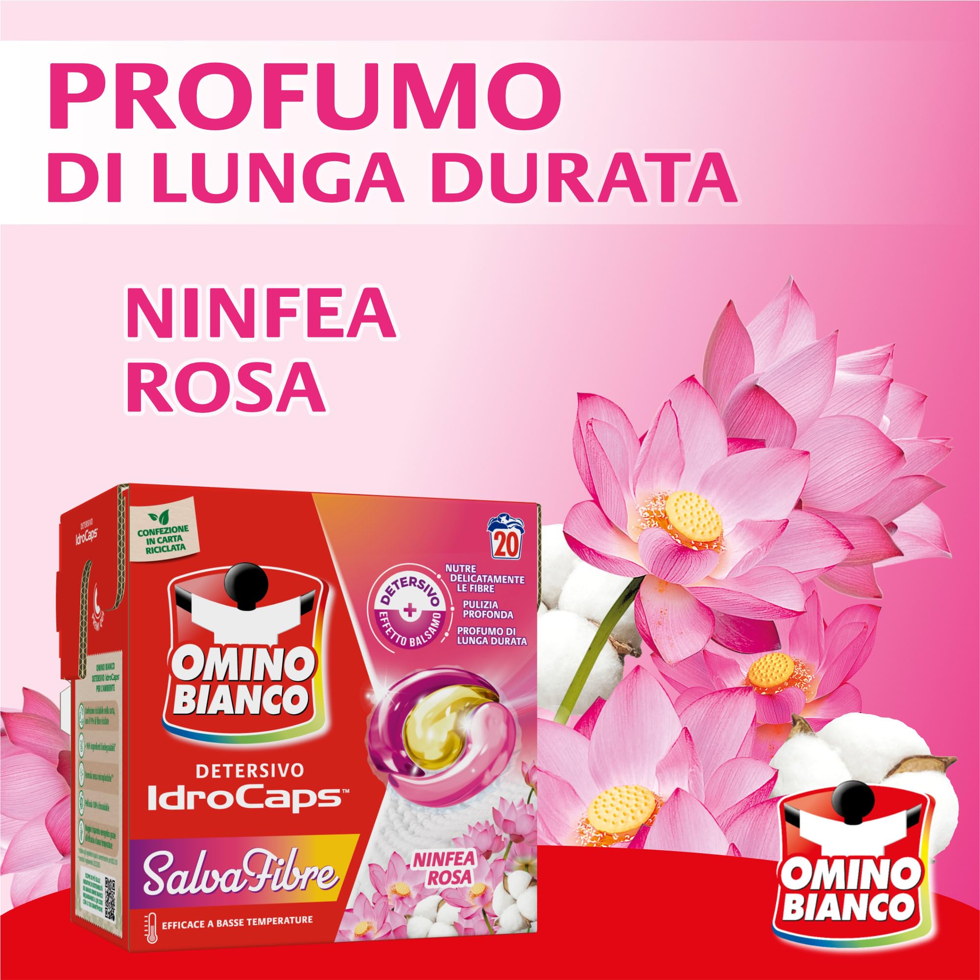 Omino Bianco Idrocaps - Detersivo Lavatrice in Capsule Salva Fibre, 80 Lavaggi, Efficace a Basse Temperature, Profumo Ninfea Rosa, 20 Caps x 4 Confezioni