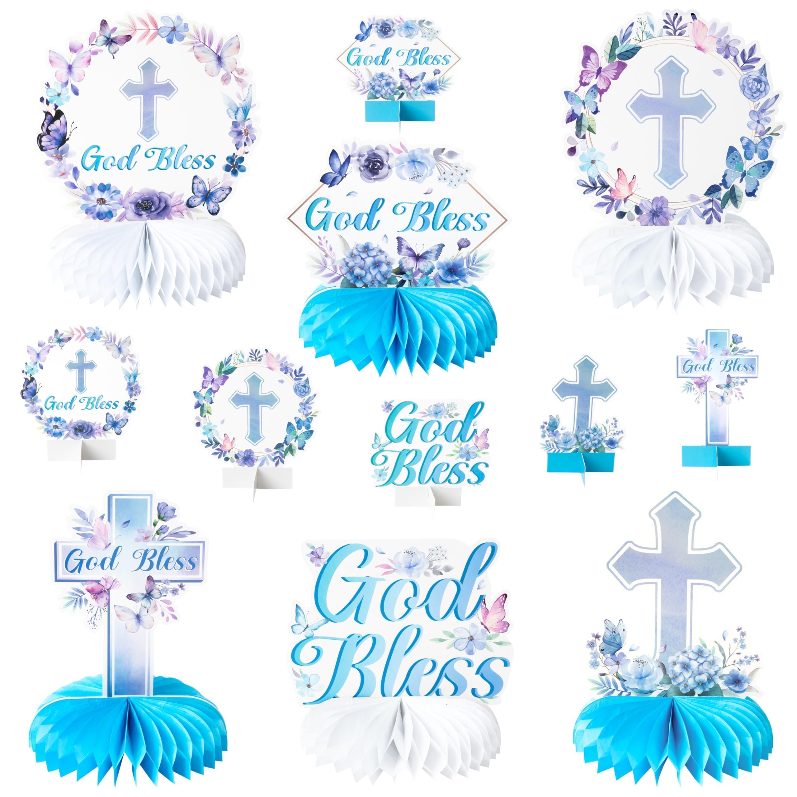 ANGOLIO 12Pcs Baptism Honeycomb Centerpieces Birthday Party Decor, Summer Blue Purple God Bless Cross Religious Baptism Table Centerpieces for Baby Shower First Communion Gender Neutral Decorations