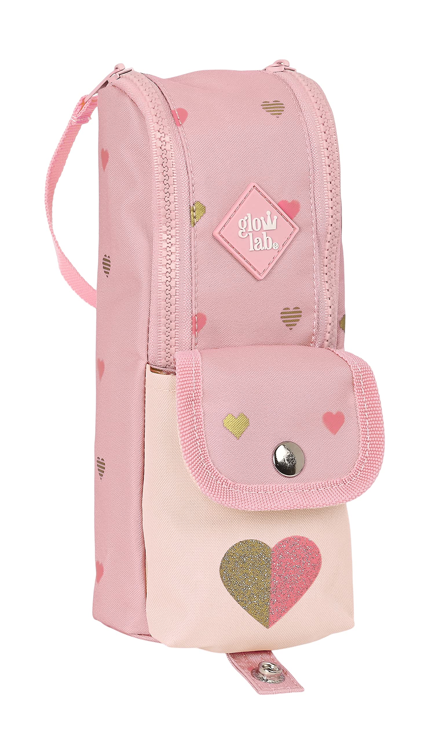 Glowlab Hearts - Portatodo con Asa, Estuche Infantil, Estuche Niño, Ideal para Niños de 5 a 14 Años, Cómodo y Versátil, Calidad y Resistencia, 6x21x6 cm, Color Rosa claro