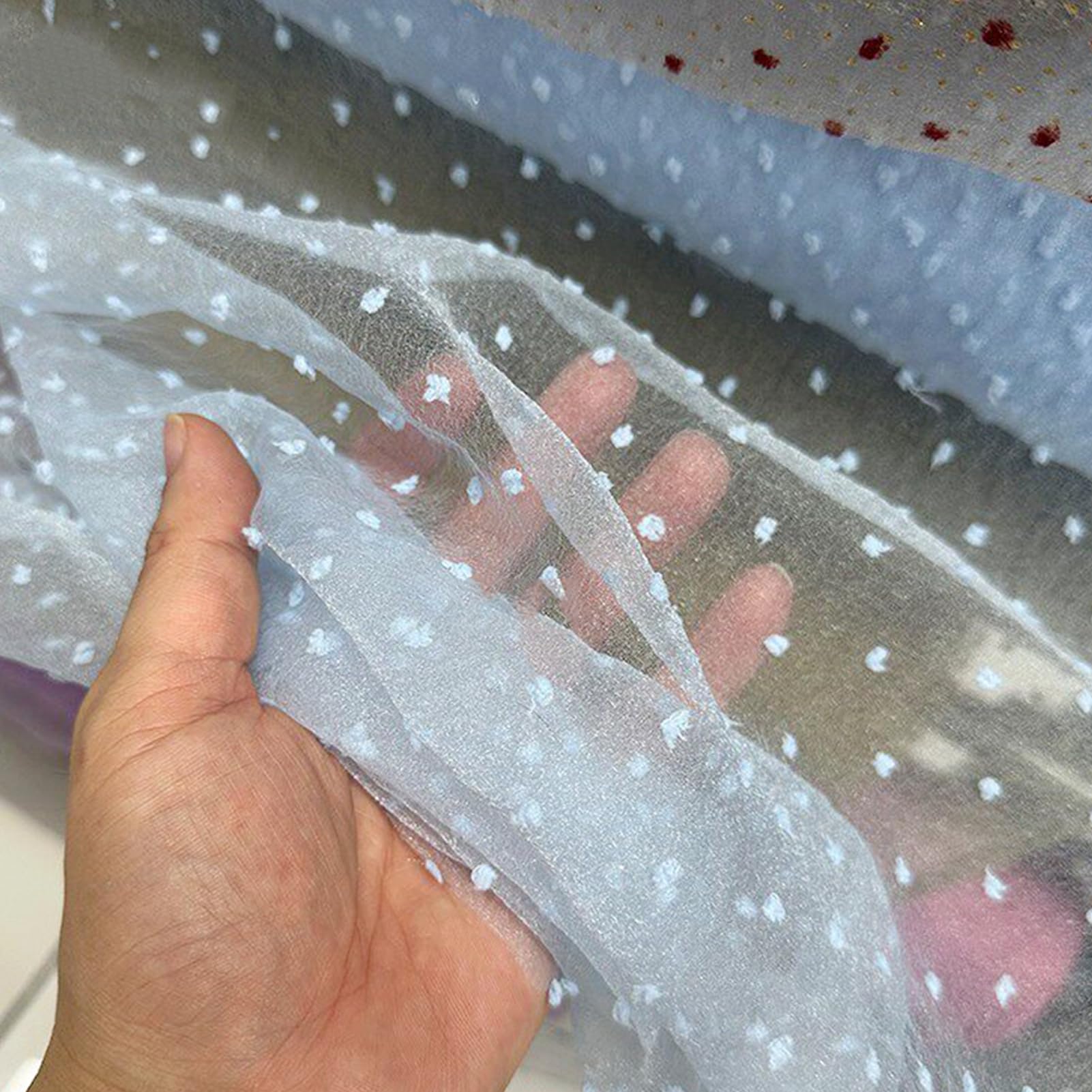 Dxcaicc Tulle Mesh Fabric Fine Velvety Texture Polka Dots Pattern 150X100cm Summer Romantic Soft Gauze Cloth Ideal Versatile for Decorating Books, Cards,Sky Blue