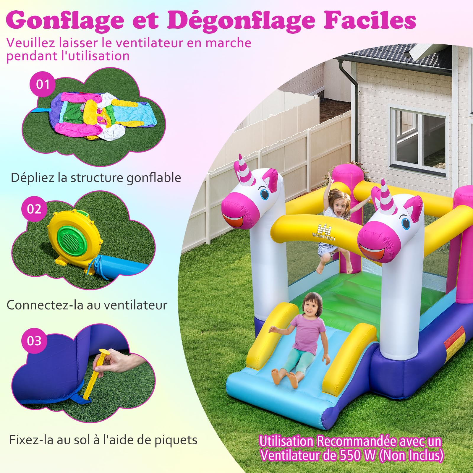 COSTWAY Château Gonflable sur Thème Licorne avec Toboggan et Maison de Saut, Aire de Jeux Gonflable en Tissu Oxford avec Sac de Transport, Intérieur Extérieur jusqu'à 2 Enfants de 3-12 Ans