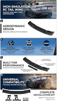 RC Car Tail Wing, Drifting RC Wing with Base Mount and Screws, 1/10 Scale Spoiler for RC Enthusiasts, Hobbyists, and Drift Racing Models