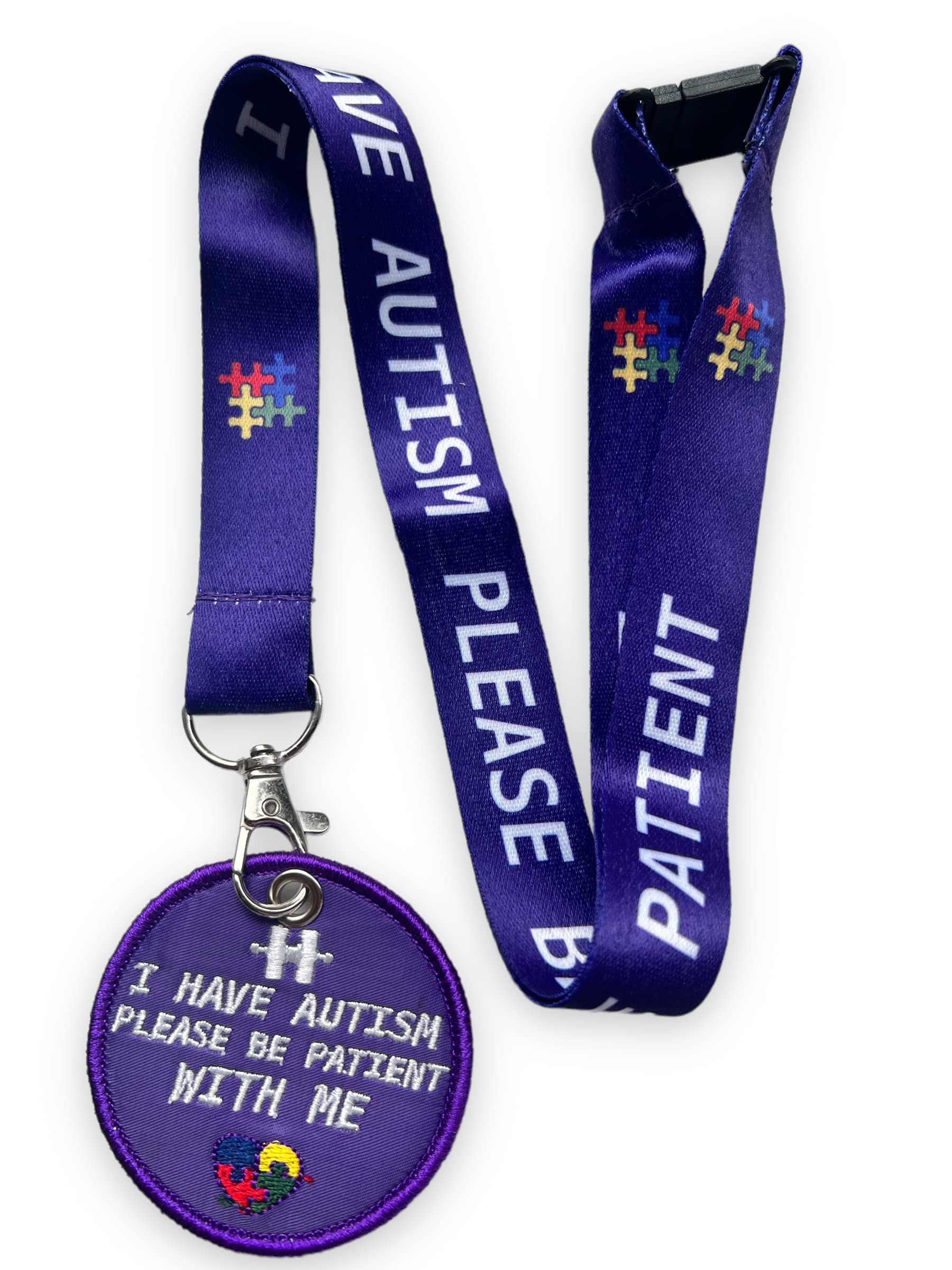 PAC Supplies Global Purple Autism Awareness Lanyard- I HAVE AUTISM PLEASE BE PATIENT With Matching Stitched Awareness Badge