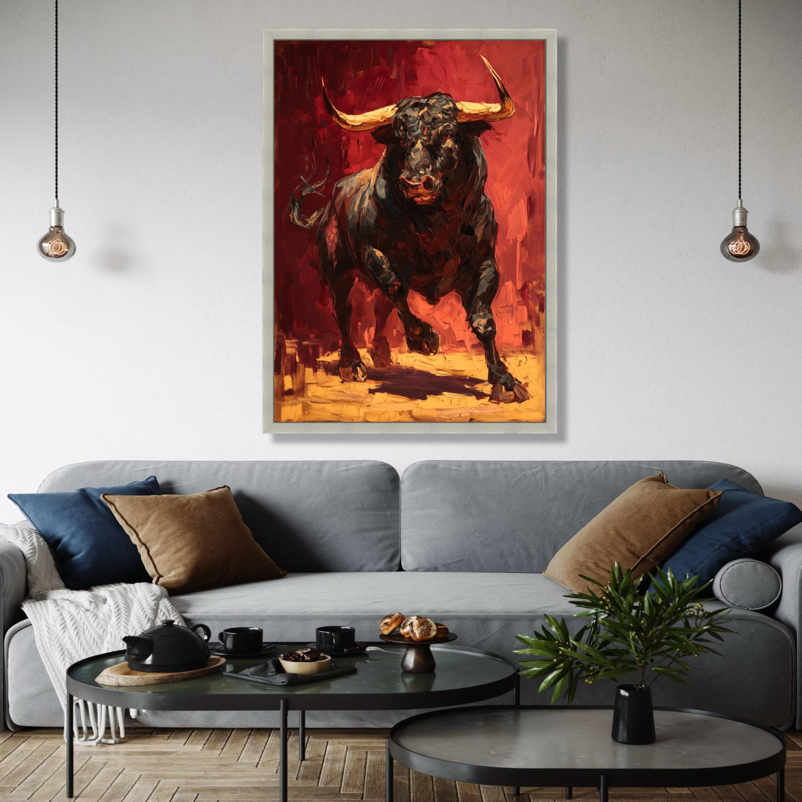 YUSUZHU Leinwandbild „Angreifender Stier“, abstraktes Tiergemälde, rot-schwarzes Kunstwerk, rustikale Wohndekoration, Poster und Drucke (80 x 120 cm/rahmenlos)