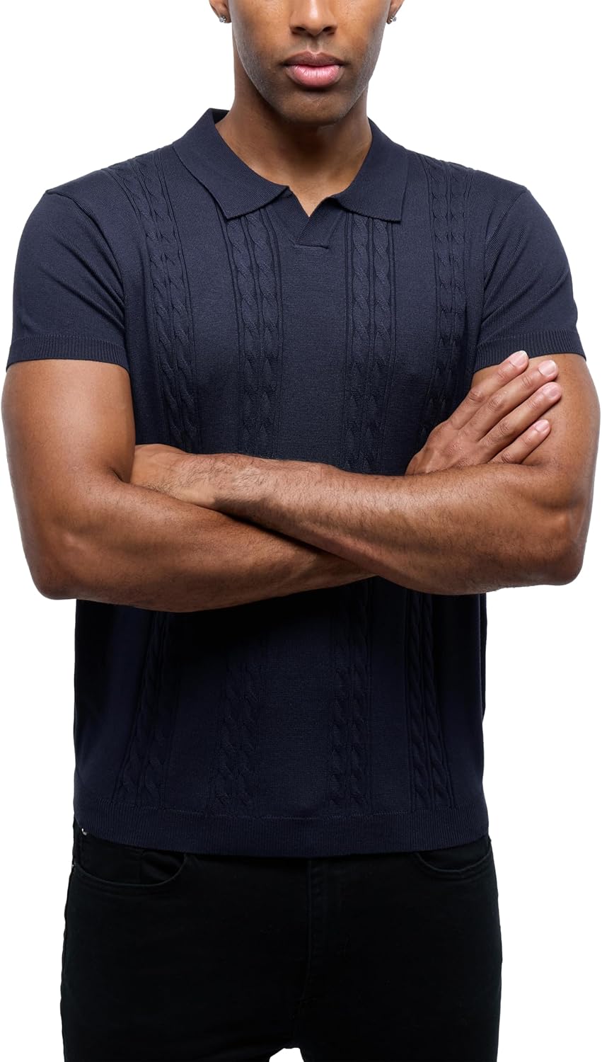 Men's Cable Knit Short Sleeve T-Shirt, Slim Fit Knit Casual Johnny Collar Polo Pulover Shirt