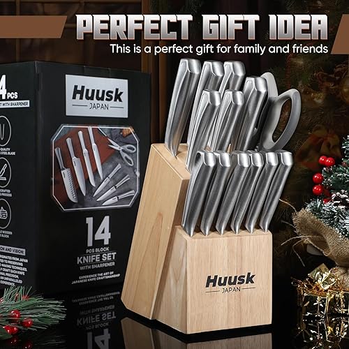 Miniatura 6 de Huusk Juego de cuchillos de cocina, juego de cuchillos de cocina de 14 piezas con afilador integrado, juego de cuchillos de acero inoxidable con