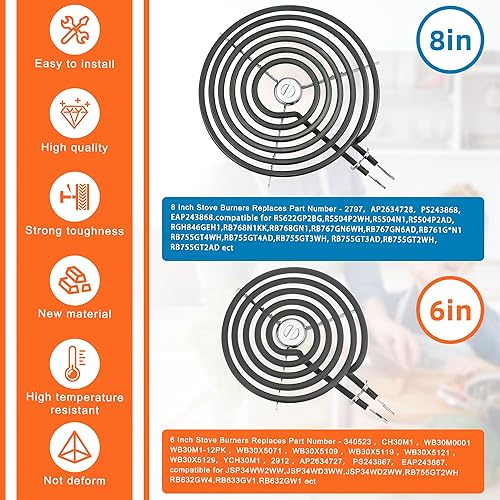 Miniatura 6 de WB30M1 WB30M2 - Quemador de estufa eléctrica de repuesto, 4 paquetes, incluye 2 WB30M1 (6 pulgadas) y 2 WB30M2 (8 pulgadas) por MIFLUS, compatible