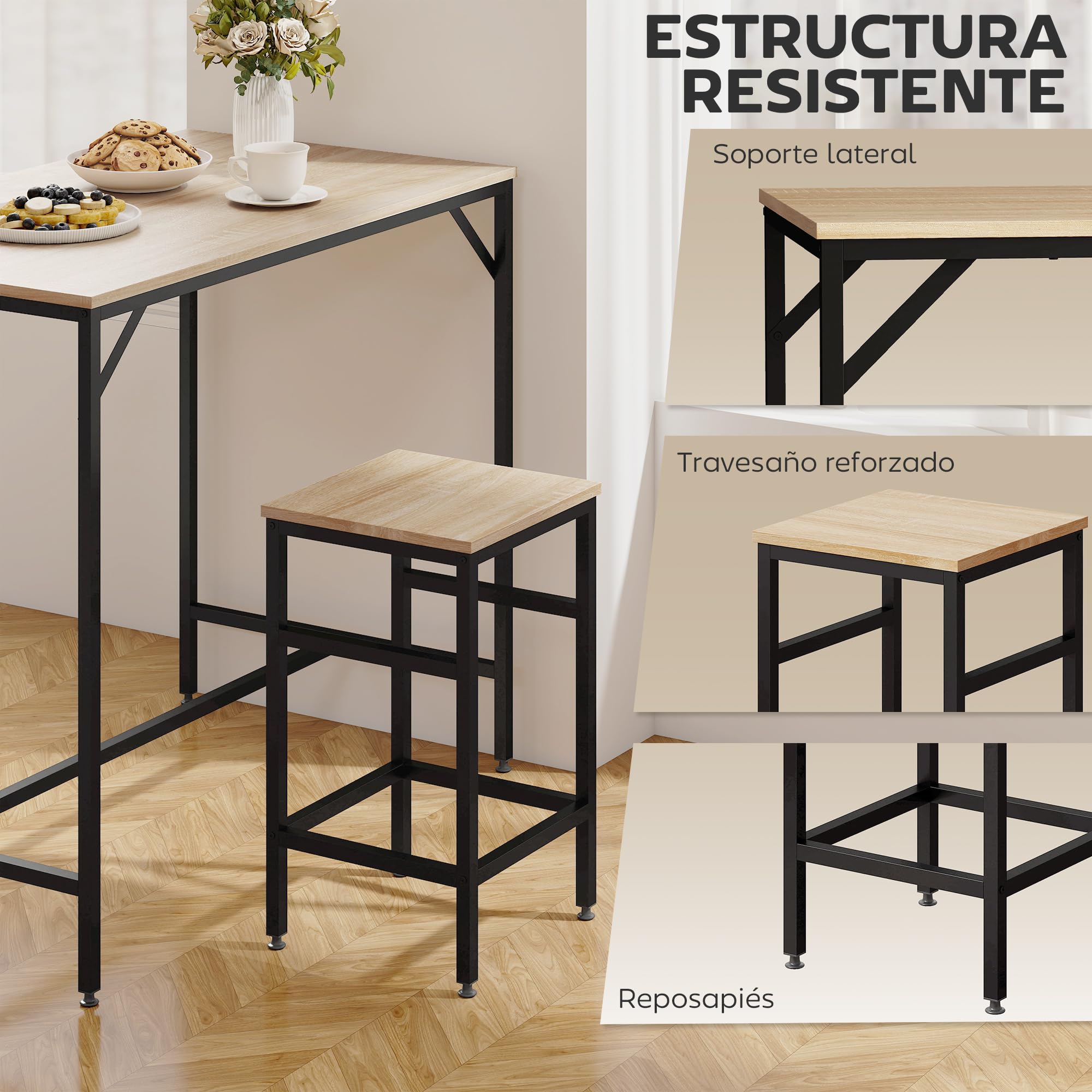 HOMCOM Juego de Mesa y Taburetes de Bar, Mesa Alta de Cocina con 4 Taburetes Industrial, con Reposapiés, Ahorro de Espacio, para Espacios Reducidos, Comedor, Salón, Roble — view 4