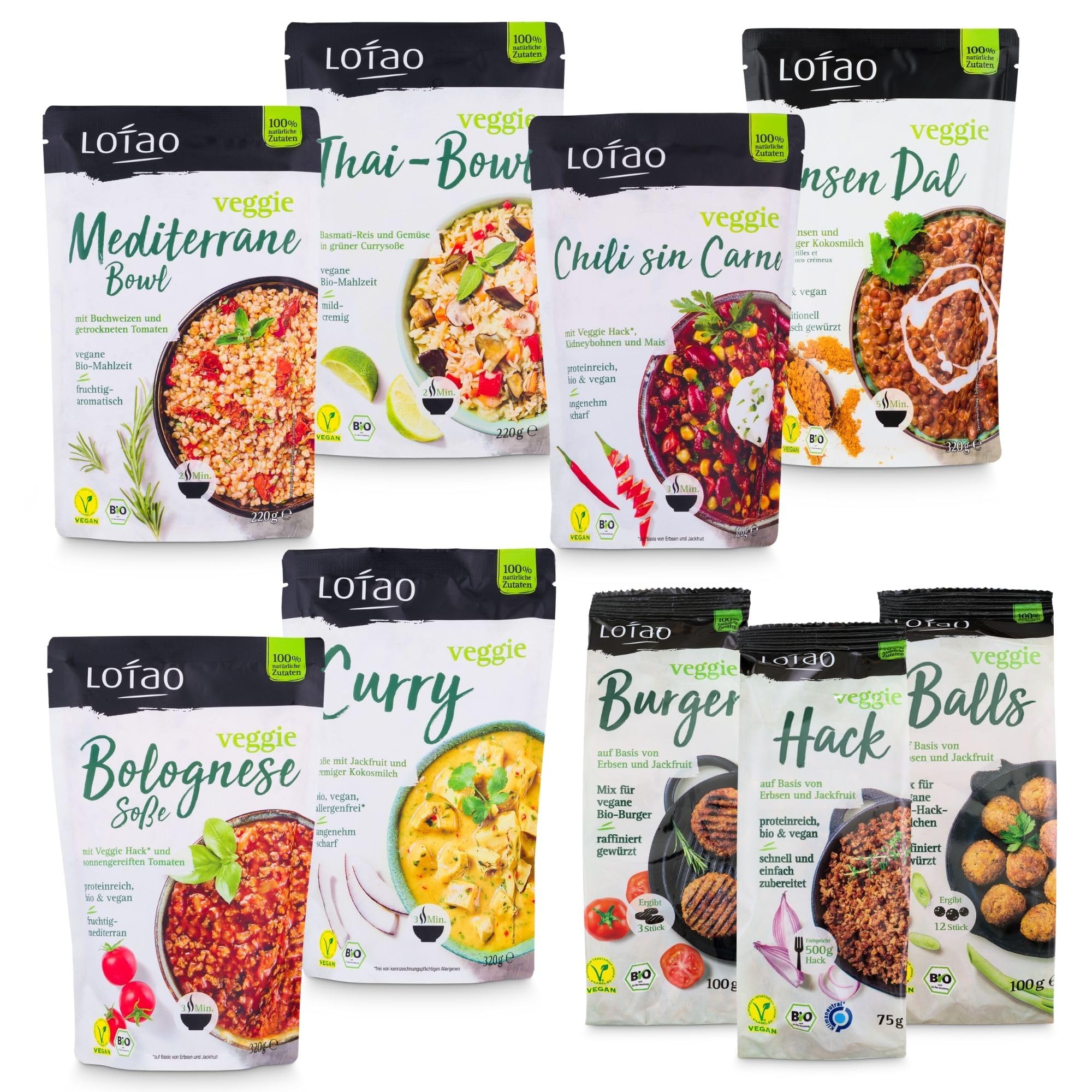 LOTAO Vegane Fertiggerichte - Kennenlern Box: 9 BIO-Gerichte ohne Zusätze + Soja | Fertigessen für Mikrowelle | Vegane Lebensmittel Geschenkbox