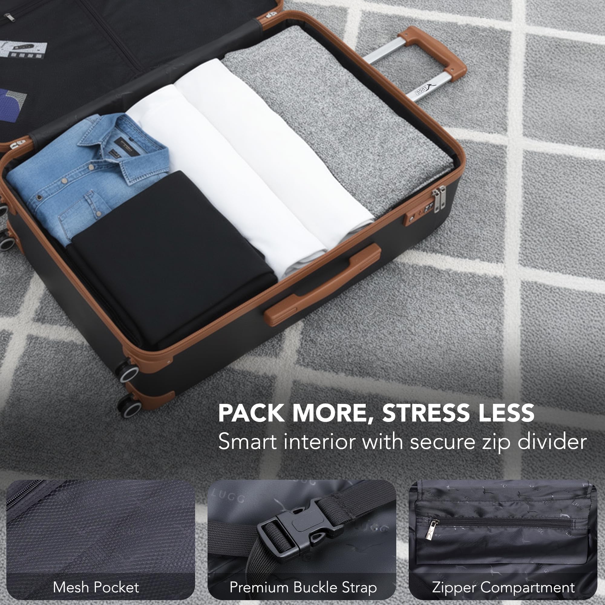 LUGG - Jetset 40cm Suitcase - 40x30x20cm- Ryanair Compatible - Underseat Size - Hard Shell ABS - Spinner & Removable Wheels - Lightweight Travel Luggage- Cream/Brown — view 287