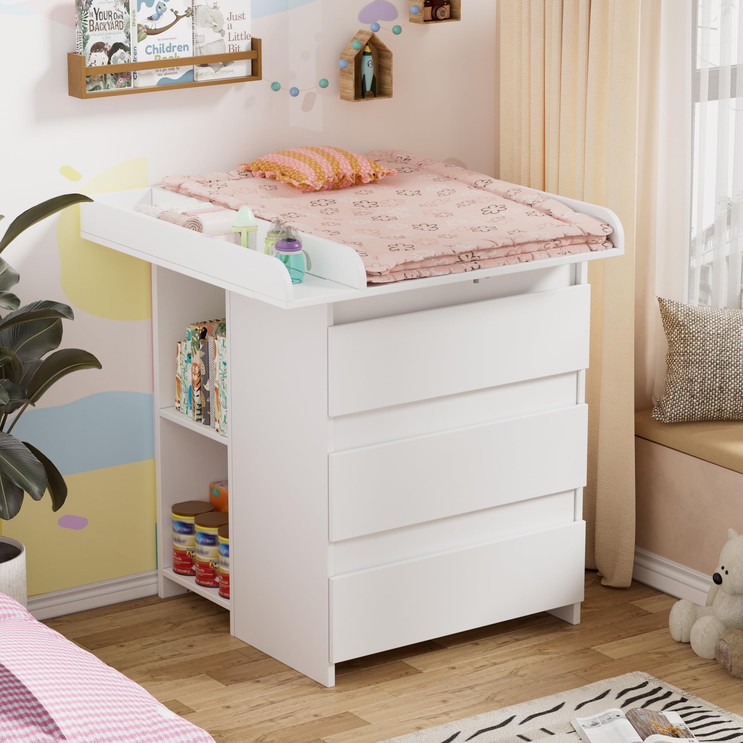 2 en 1 Cambiador Bebe Mueble, Cómoda con Adaptador Cambiador Comoda, Cómoda Cambiador Bebe con 3 Cajones y 6 Compartimentos, Moderno 73x70x78 cm/ 113x32x70 cm- Blanco