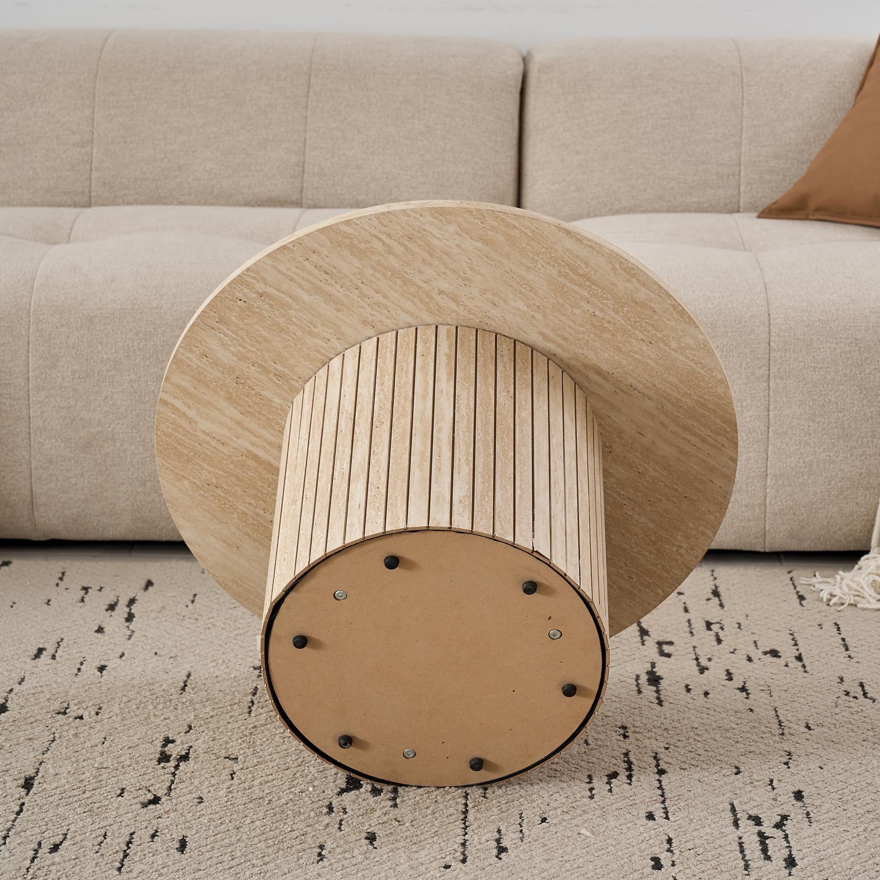 Lot de 2 Tables Basses Rondes en Bois, Table D'appoint Moderne avec Base à Colonne Romaine pour Salon, Balcon et Chambre (Travertin Jaune)