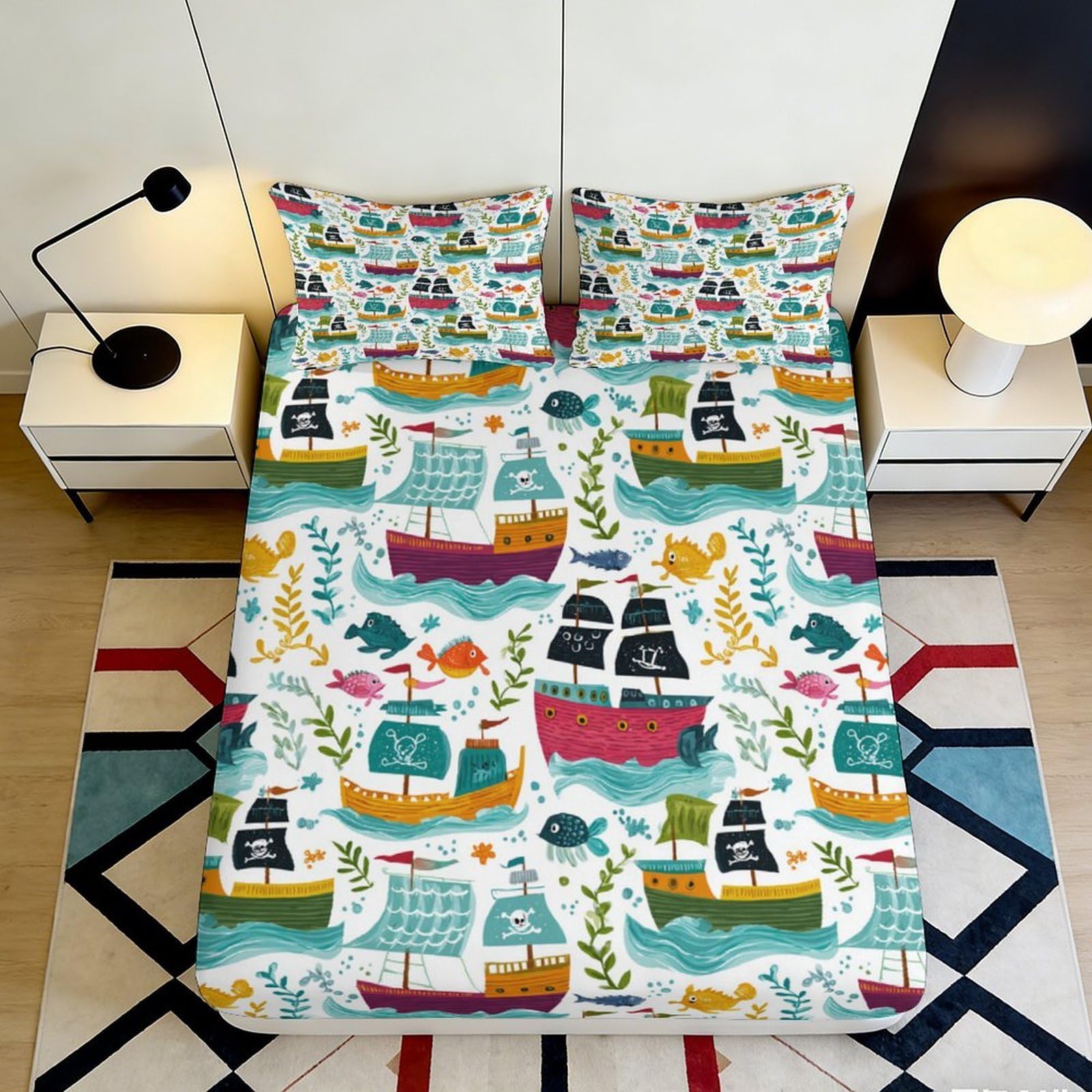 3D Printed Cartoon Ships Fitted Sheet Microfiber Non-Slip Deep Pocket Cartoon Ships Mattress Fitted Cover for Bedroom, Teens, Adults 90x200x25cm