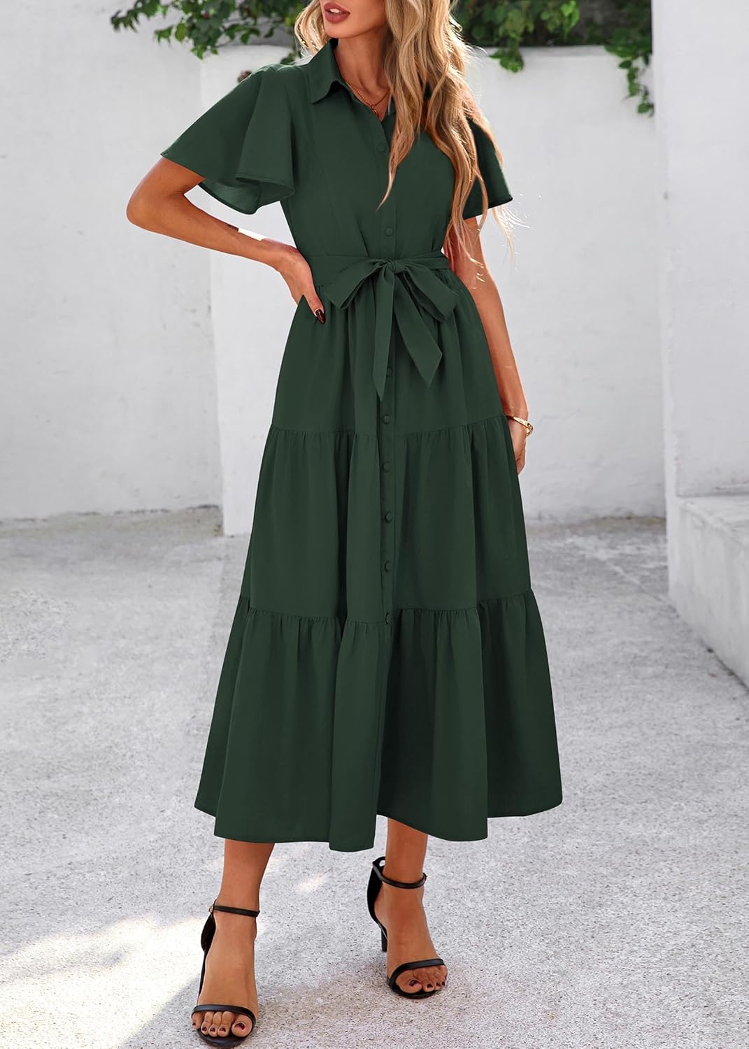 KIRUNDO Summer Button Down Wedding Guest Shirt Dresses for Women Maxi Flutter Short Sleeve Flowy Tiered Beach Sun Dress - Image 8
