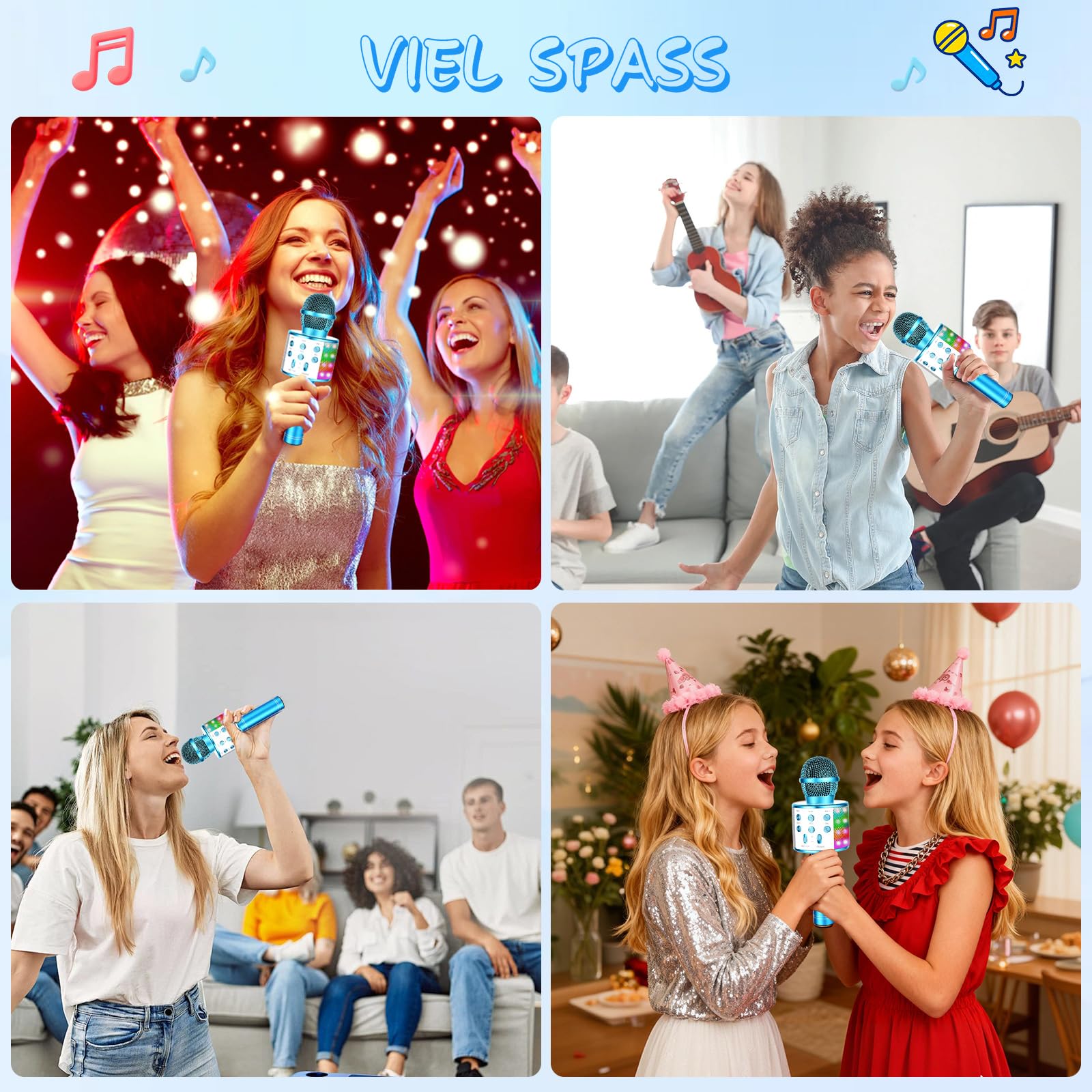 Micrófono Karaoke Bluetooth,Microfono Inalámbrico Karaoke con Altavoz y LED,Micrófono Portátil para Niños Canta Partido Musica,Dinámicos Juguetes para Niña,Soporte Youtube, Android/iOS/PC/A (Azul) — view 6