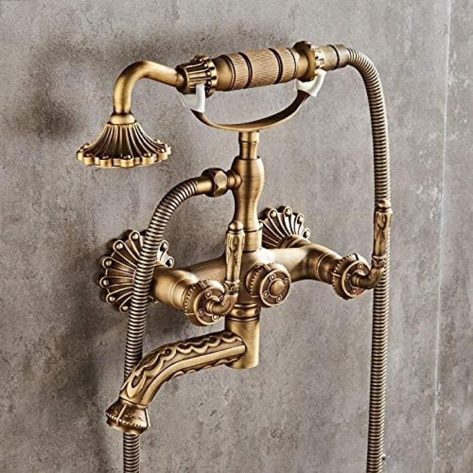Aycdl Gold/Bronze Shower System, Retro Shower Set Bathroom Wall Mount Bathtub Faucet Antique Hand Held Showers System Luxury Bath Taps