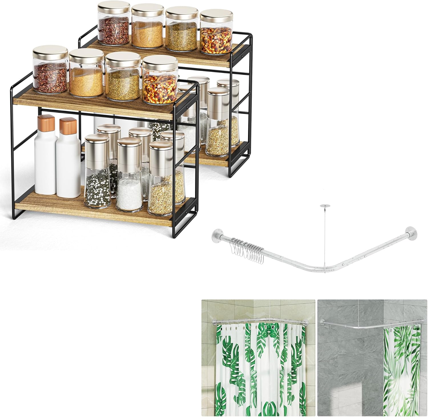 Bathroom Countertop Organzier & Adjustable L-shaped Shower Curtain Rod