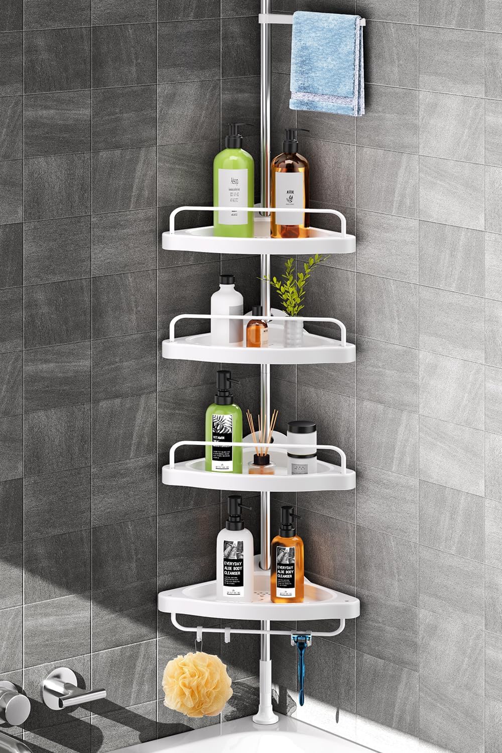 Stainless Steel Shower Caddy Corner Tension Pole Rustproof 4 Tier Adjustable Shower Shelf Bathtub Storage Organizer for Floor Standing Bath Rack with Rod for Bathroom & Bathtub Silver
