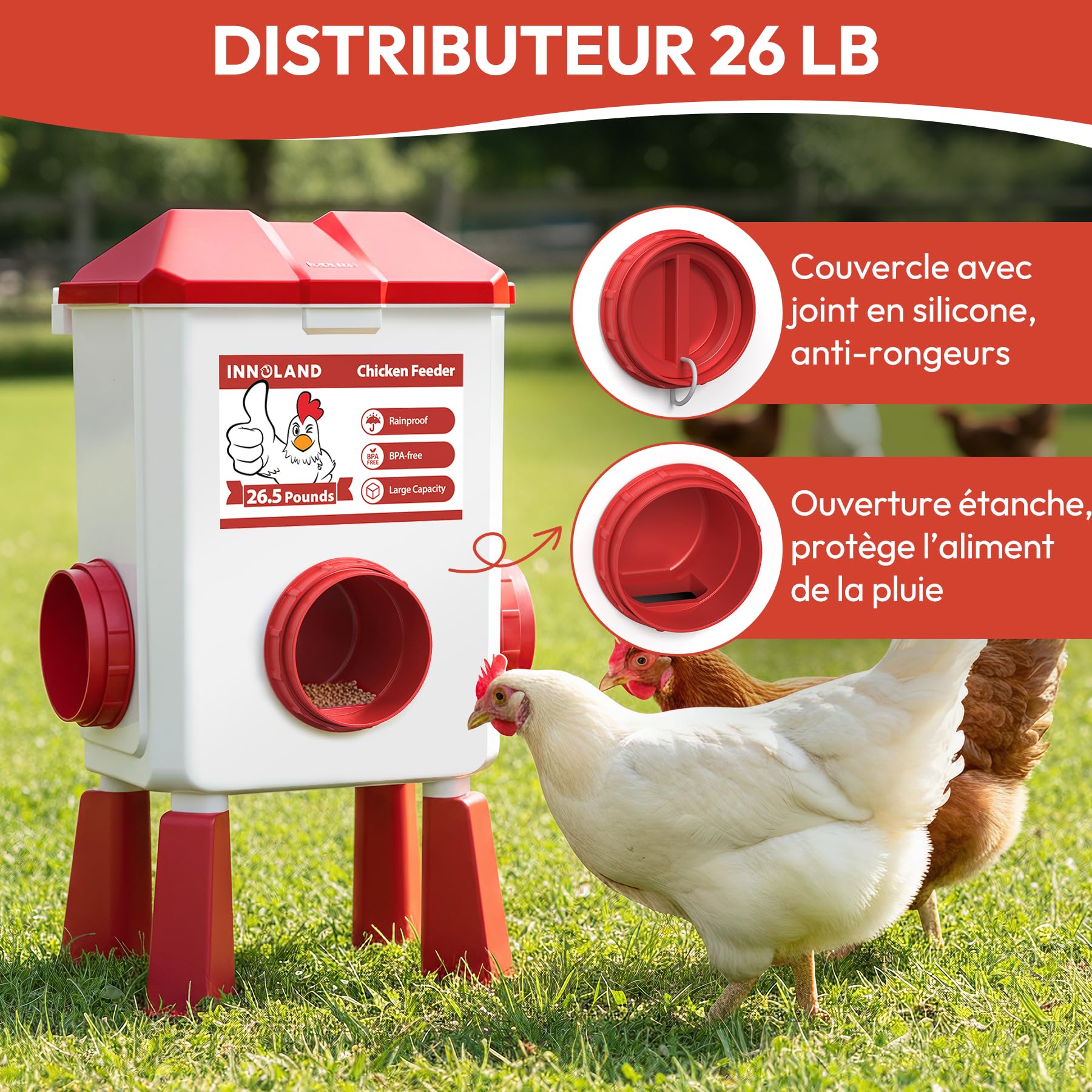 Mangeoire Poules et Abreuvoir Poules Automatique – 12 Kg / 11 L, Mangeoire Poule Anti Nuisible 4 Coupelles & 3 Ports d’Alimentation, Distributeur de Nourriture Anti-Gaspillage
