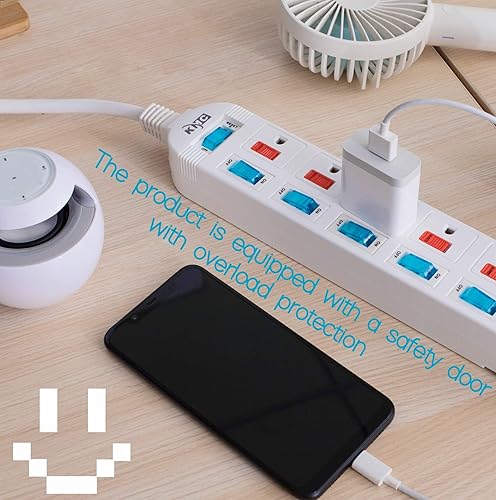 Miniatura 4 de KMC Regleta de alimentación de 6 tomas con interruptores independientes de múltiples tomas, protector de sobrecarga, cable de 4 pies