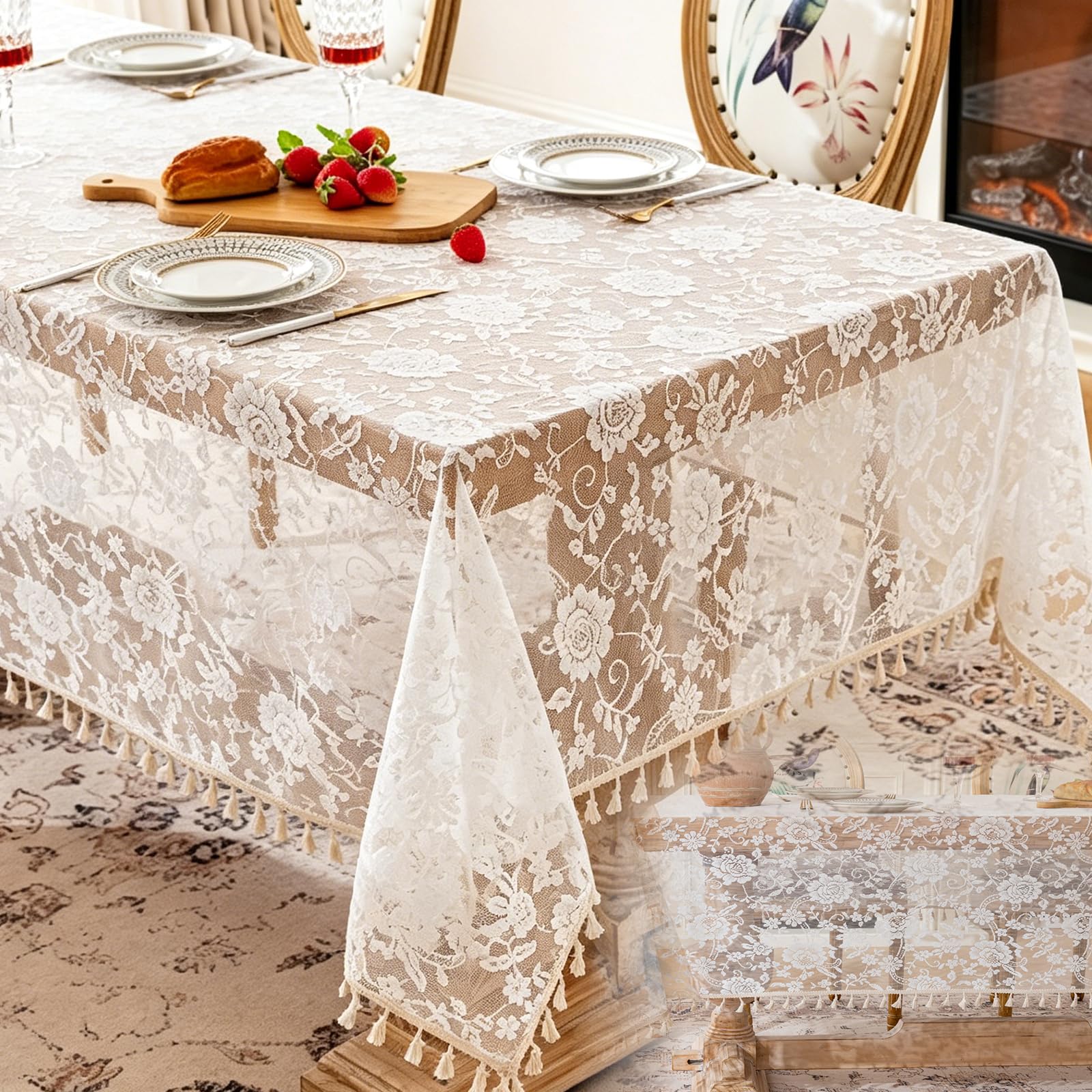 ZPSCXQ Lace Tablecloth, Vintage Floral Lace Table Cloth, Fabric Table Cloths Rectangle, White Lace Fabric Table Cover for Wedding Party Dining, Rectangular Cotton Table Cloth 55 × 71inch