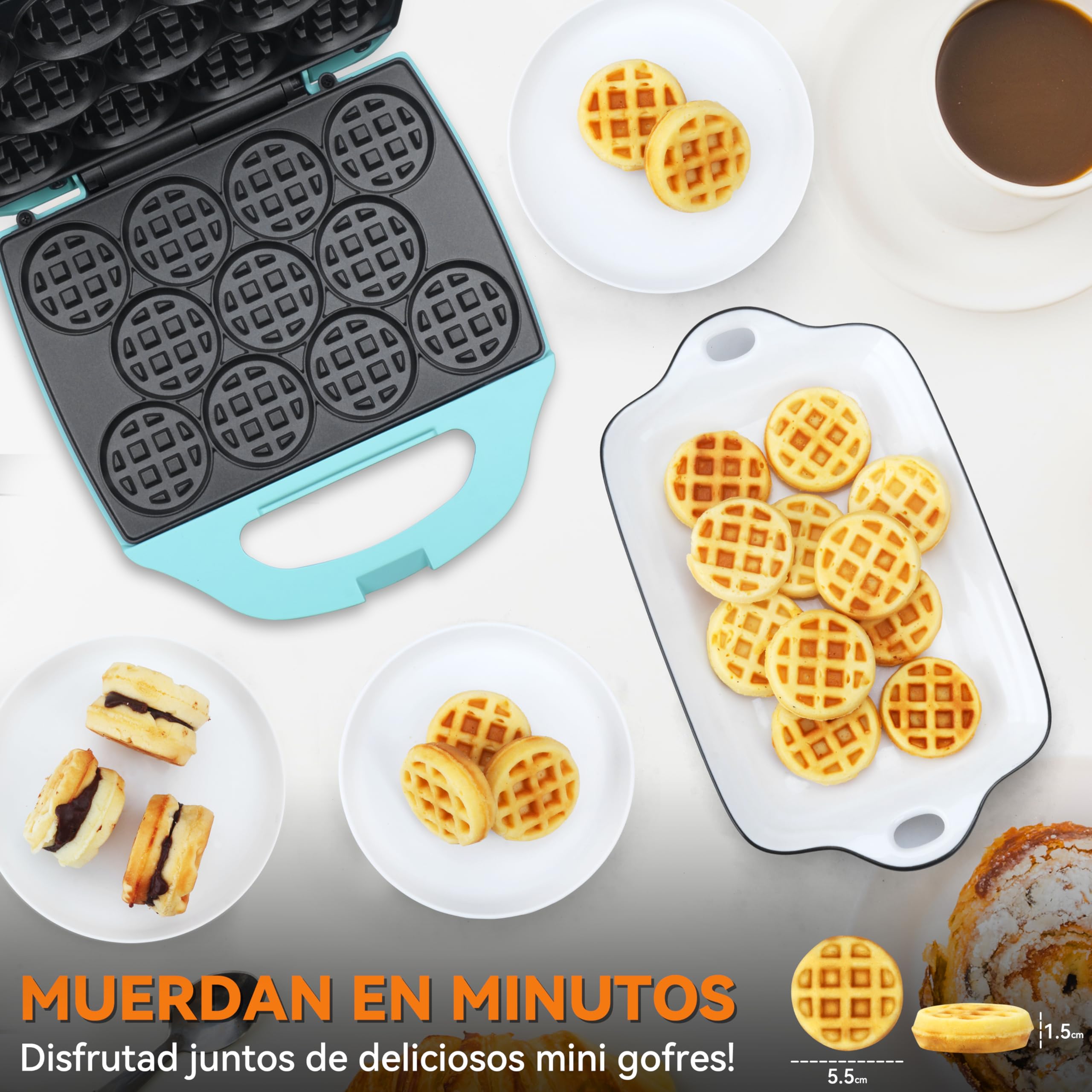 Baker's Friend Maquina Waffles, Mini Gofrera Para Niños y Adultos, Pequeña Máquina Para Gofres Belgas, 11 x 5.5 cm, Gofrera Antiadherente, Mini Waffle Maker, Aqua