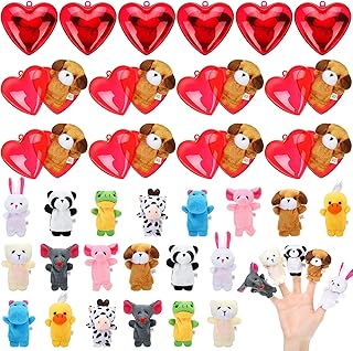 20 Pieces Valentines Day Party Favors Set Pre Filled Hearts with Finger Puppets for Kids Valentine Classroom Exchange, Plush Animal Finger Puppets for Valentine's Greeting Present and Game Prizes