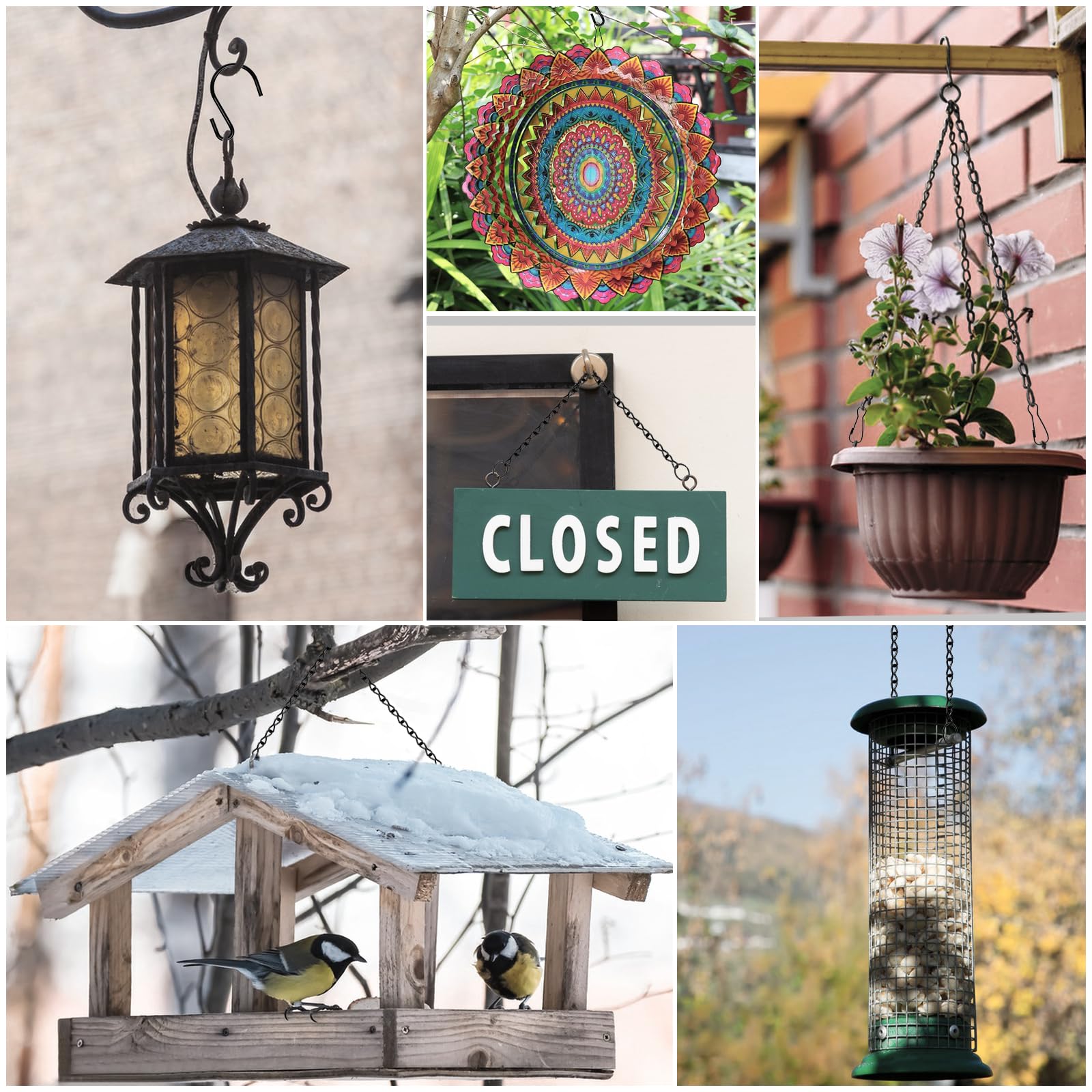Chaîne de suspension de 690 cm, chaînes en métal argenté pour plantes suspendues, 12 crochets en S, 12 boucles, 12 anneaux, 24 crochets à vis pour mangeoire à oiseaux, jardinière, lanterne et