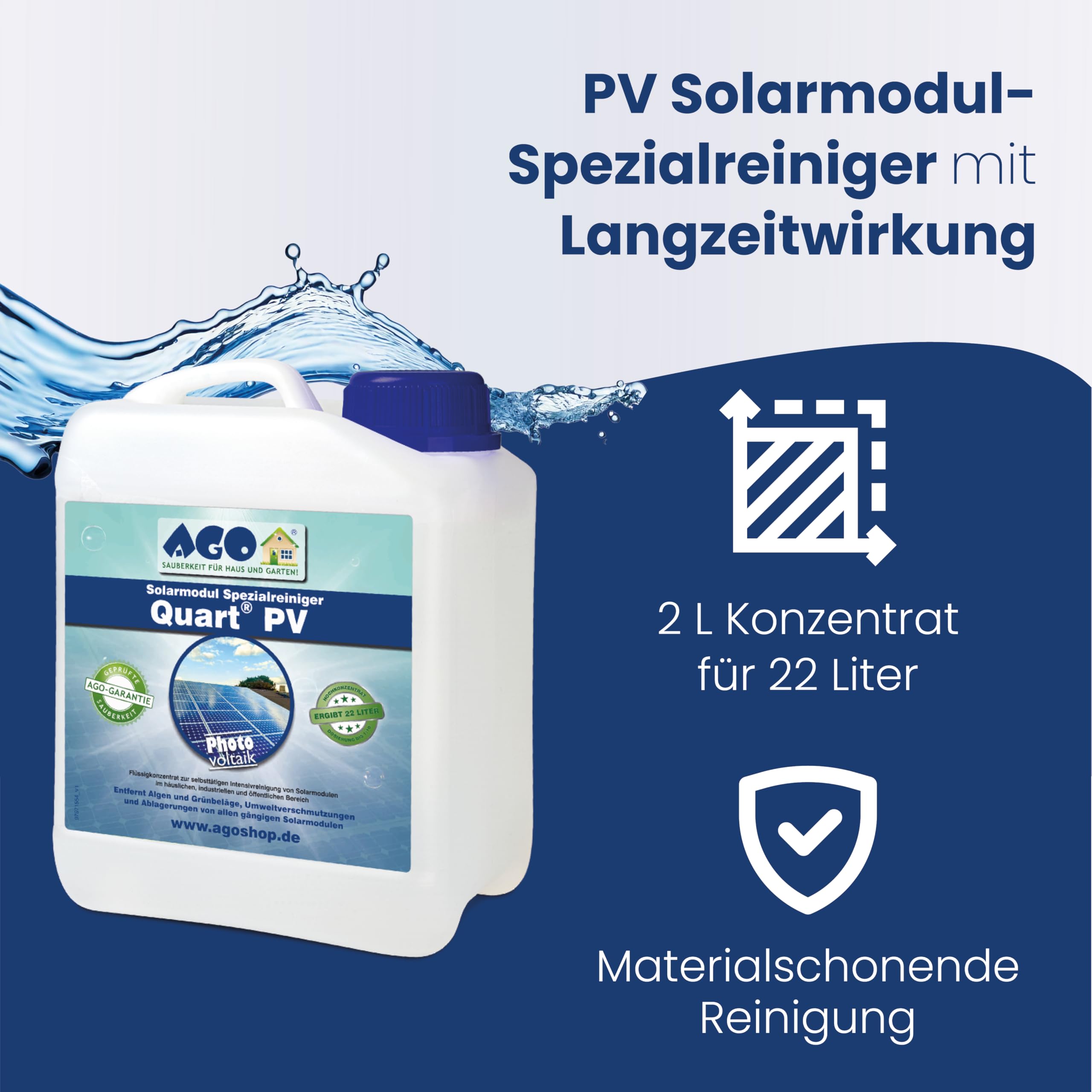 AGO Quart PV Solarmodul-Spezialreiniger 2 Liter – Solarreiniger, Algen- & Flechtenentferner für Photovoltaikanlage – selbsttätig – Photovoltaik Reiniger 1:10