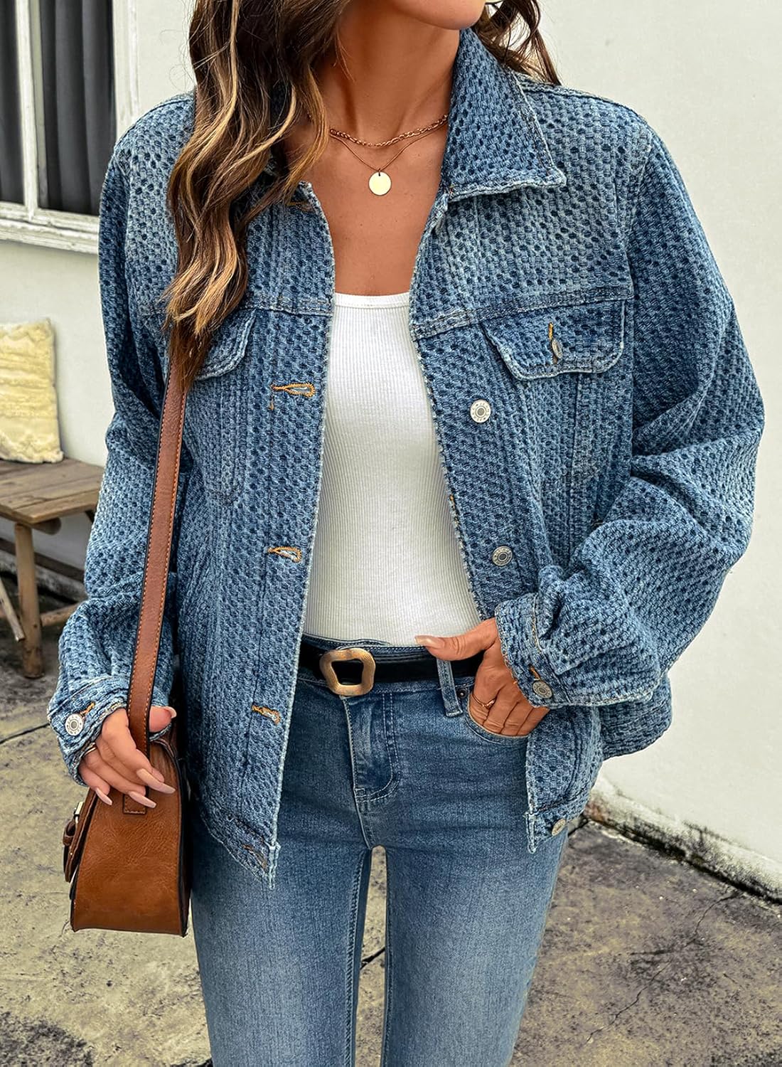 Sidefeel Women's Jean Jacket Oversized Boyfriend Button Up Long Sleeve Textured Denim Jackets - Image 3