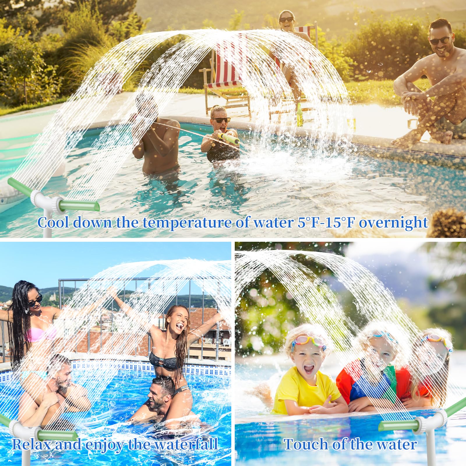 LALAGO Wasserbrunnen Dual Spray Einstellbarer Pool Wasserfall Brunnen mit Adapter Belüfter, Doppelte Sprühwasserbrunnen, Pool Zubehör für Spa Kühles Warmes Wasser Temperaturen (Grüner Fluoreszenz)