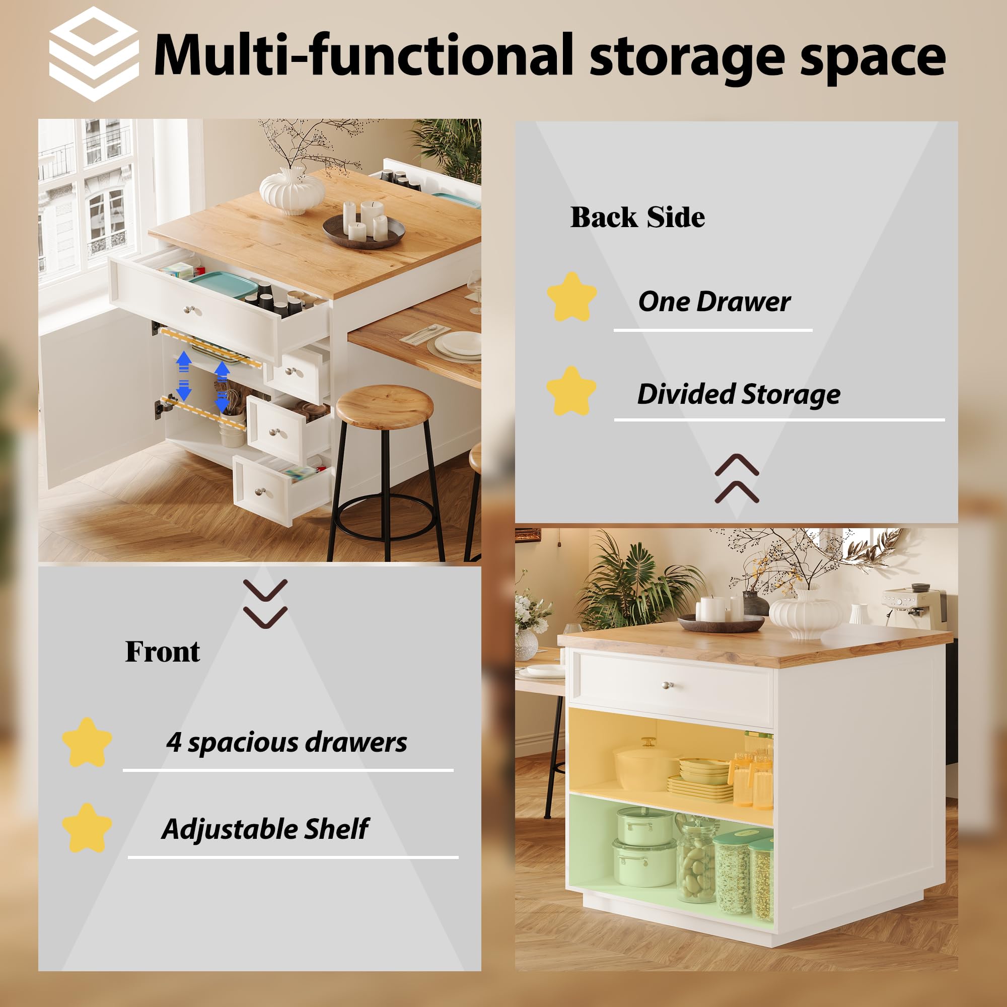 Isola da cucina estensibile (120-184 cm) con cassetti e ruote, isola da cucina mobile con piano in effetto legno, isola da bancone versatile per cucina, sala da pranzo e bancone da bar