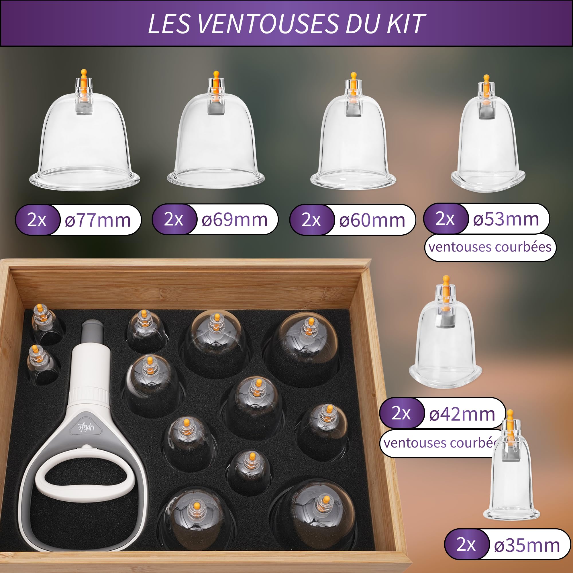 Uplife Kit de Ventouses Thérapeutiques en Polycarbonate - Instructions en Français - Ventouses Chinoises et Kiné pour Massage Anti Cellulite et Cupping - Dos Hijama (12 ventouses, 12, unité)
