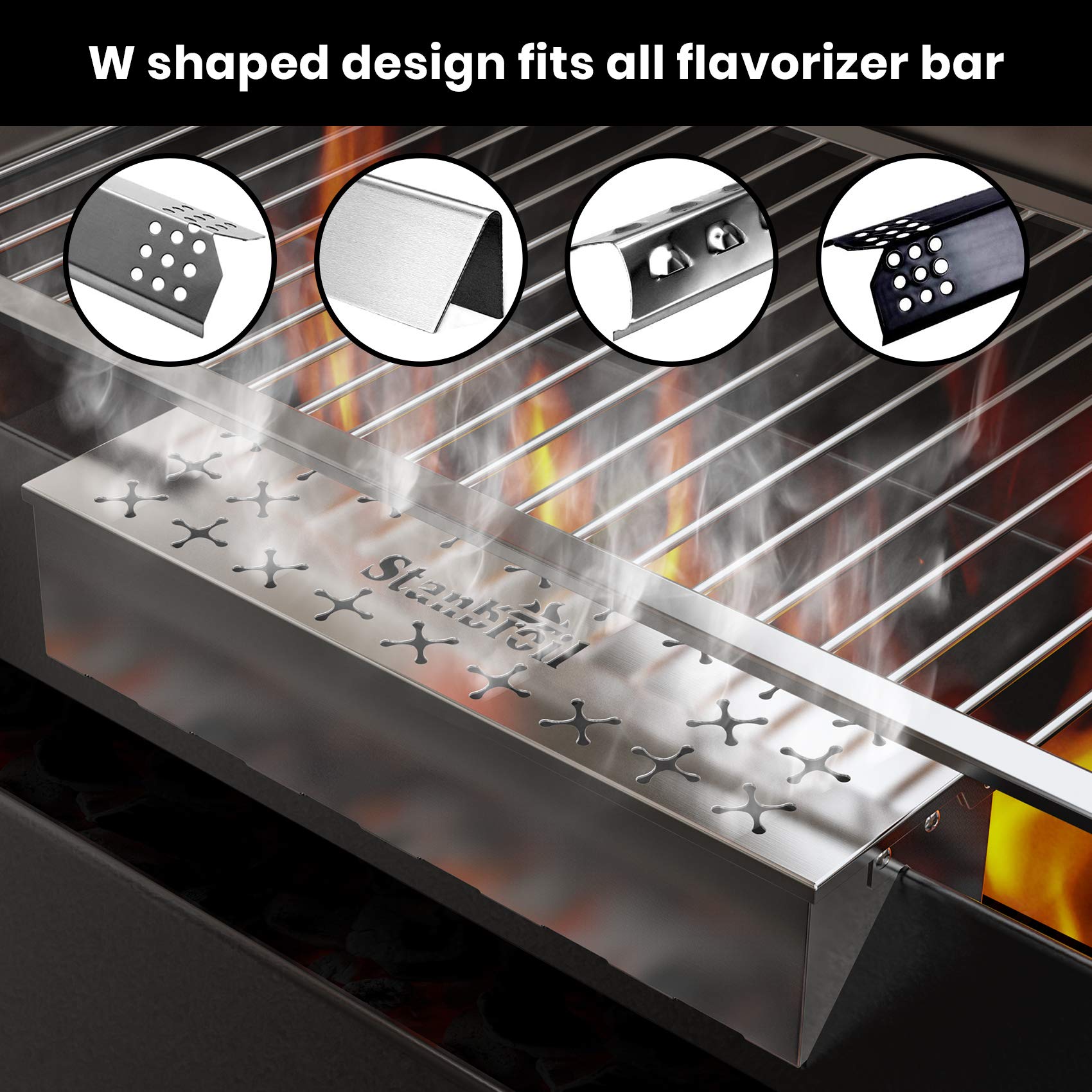 Caja de ahumador de acero inoxidable para asar a gas | Caja de ahumar astillas de madera para parrilla de gas y carbón | Diseño doble en forma de V y tapa con bisagras para caja de humo - 12 4