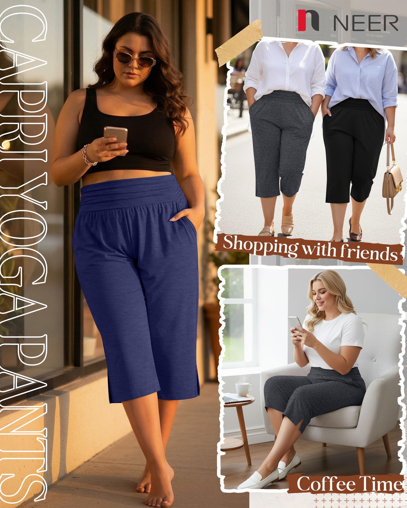 Neer Lot de 3 pantalons capri en coton taille haute pour femme avec poches