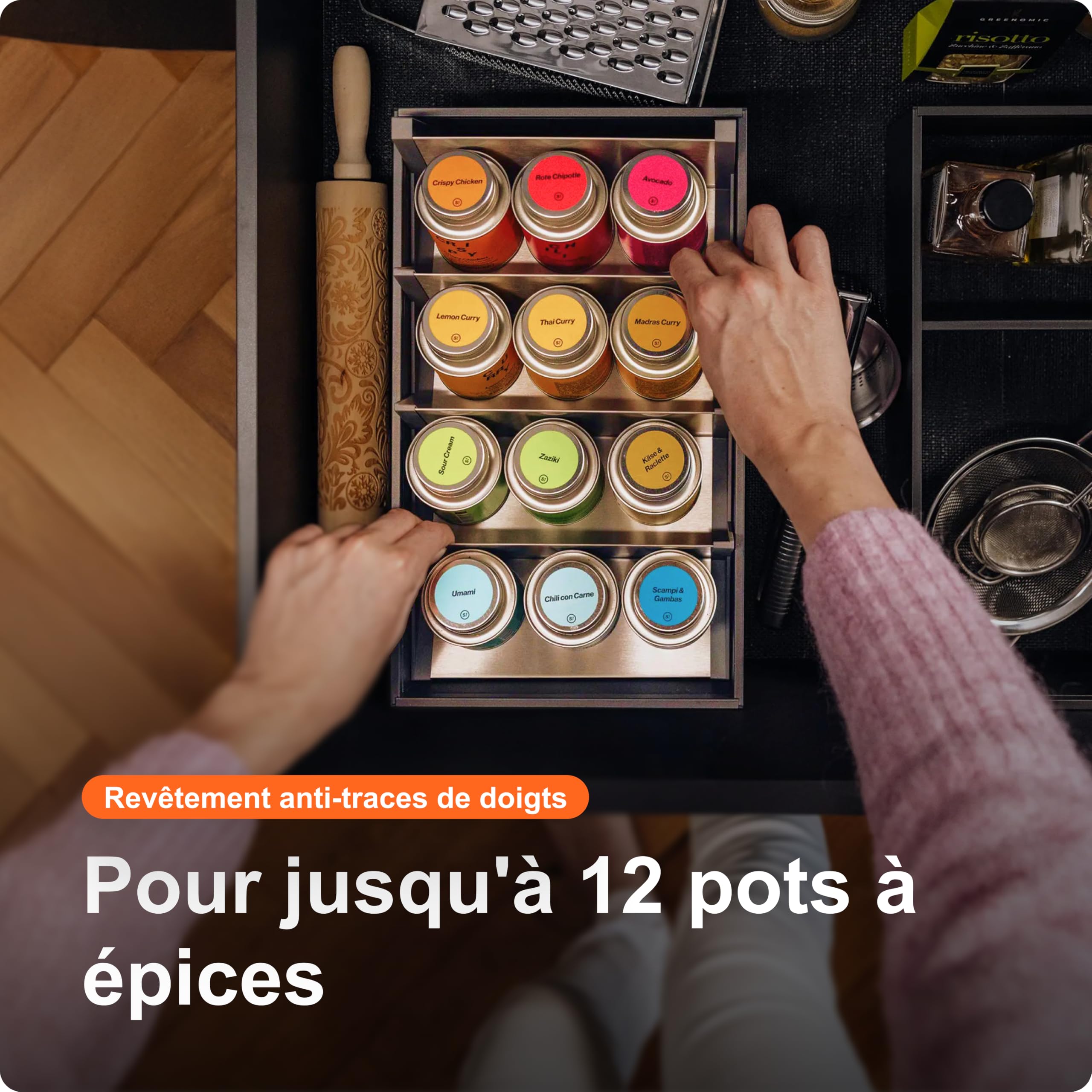 blum© Porte-épices de qualité supérieure I AMBIA-LINE pour tiroirs I Étagère à épices I Organisateur à épices pour tiroir de cuisine | Peut contenir jusqu'à 16 pots à épices, compartiments inclinés pour une vue d'ensemble/accès rapide, peu encombrant et s