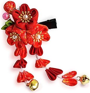 スウィートキス 和装 髪飾り ヘアクリップ ヘアアクセサリー 3フラワー ぶらさがり付 七五三 三歳 七歳 浴衣 着物 キッズ 子ども 初節句 雛祭り 夏祭り 花火大会 つまみ細工 (赤)
