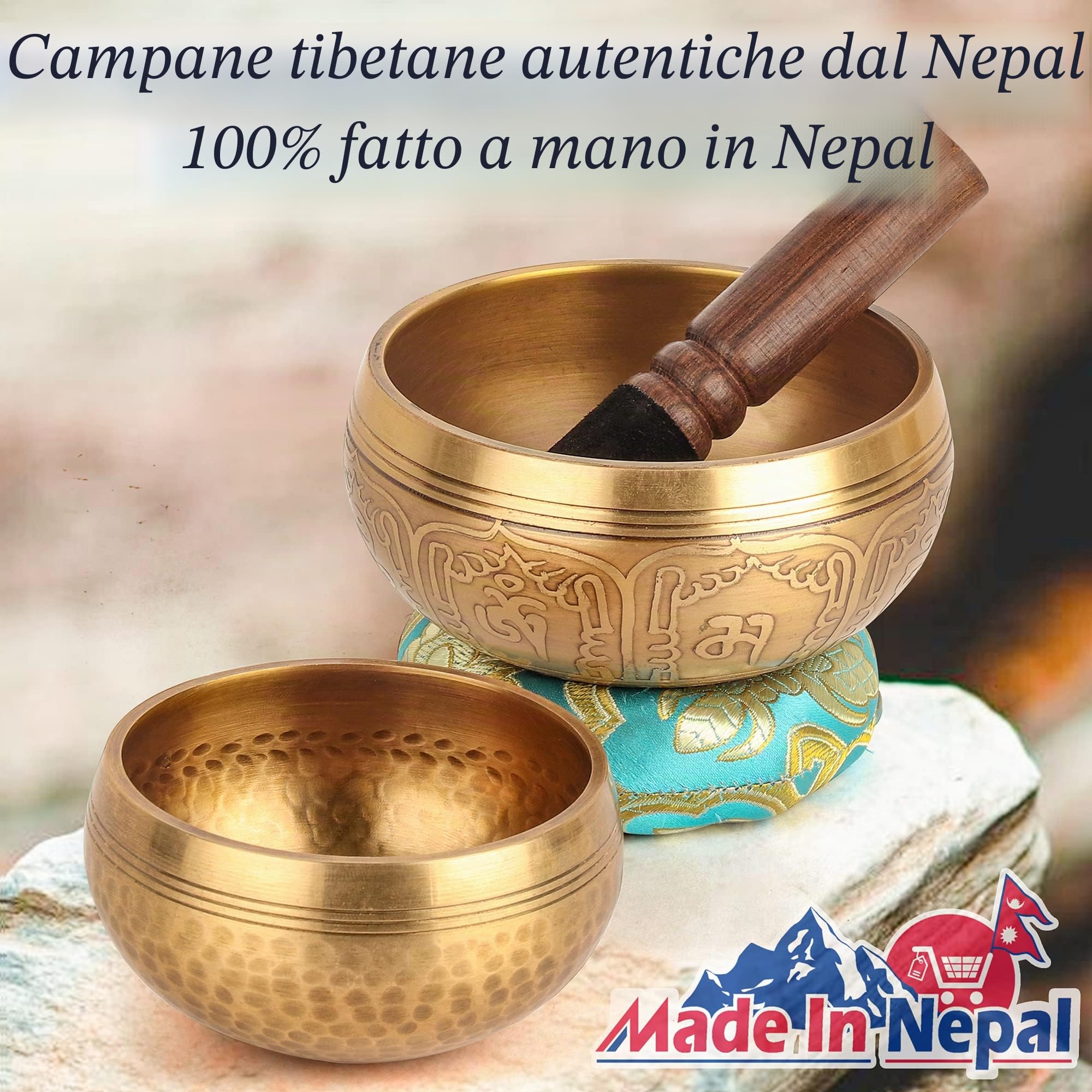 OZCHIN Set di 2 campane tibetane 100% martellate a mano in Nepal, con cuscino di seta e mazzuola, per meditazione, yoga, chakra, regali per donne e uomini