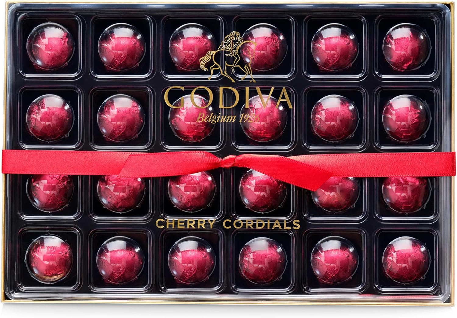 Godiva Dark Chocolate Covered Cherries Cordial Gift Box - Candy Assortment with Elegant Red Ribbon, Perfect for Valentine's Day Gift Baskets, 24 Pc