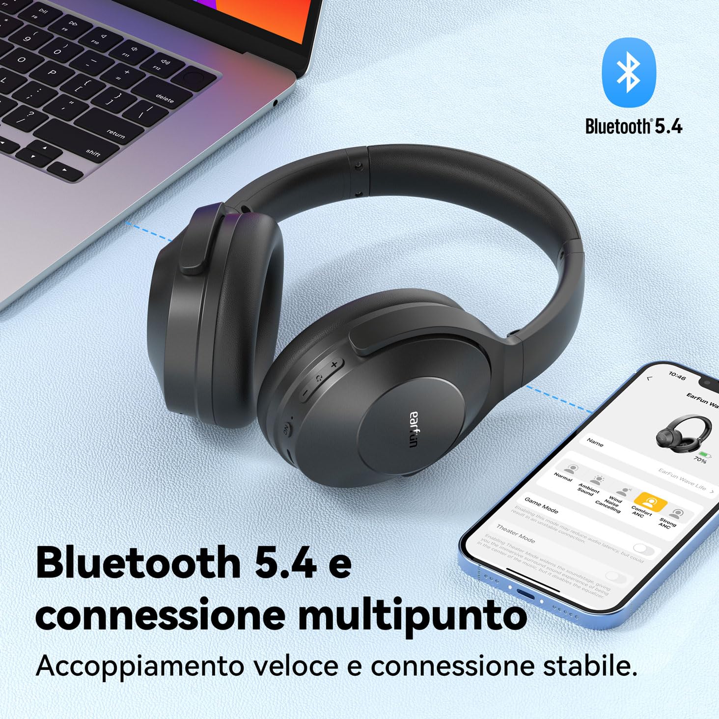 EarFun Wave Life Cuffie Wireless Bluetooth Over-Ear 5.4 con Cancellazione Attiva del Rumore Ibrida, 4 Microfoni AI, Bassi Profondi, 60 Ore di Autonomia, Multipoint, EQ Personalizzato
