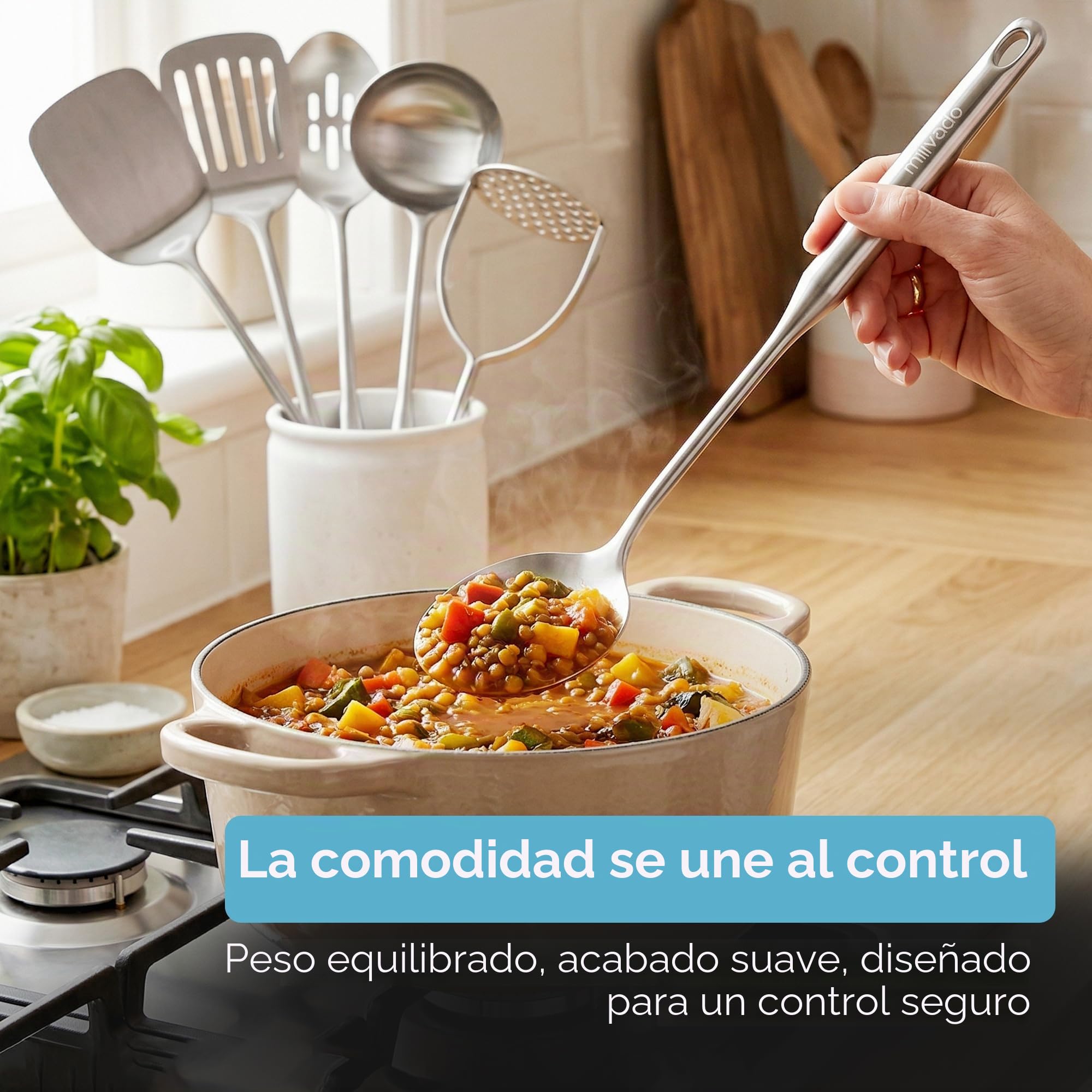 Millvado Juego de utensilios de acero inoxidable: juego de 6 utensilios de cocina para cocinar y servir, cuchara sólida, cuchara ranurada, espátula sólida, espátula ranurada, cucharón de sopa,