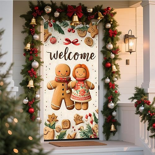 Miniatura 23 de NYZE Decoraciones de Cubierta de Puerta de Navidad Interior Papá Noel, Calcomanías de Pan de Jengibre Pancarta de Fiesta de Navidad Decoraciones de