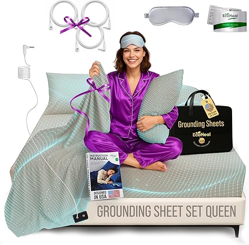 Grounding - Juego de sábanas tamaño Queen, color beige, almohadilla para dormir de algodón orgánico con hilo plateado, sábanas bajeras y planas, 2