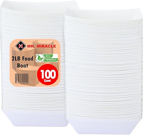 Miniatura 10 de Mr Miracle Bandeja de alimentos de papel blanco. 2 libras (paquete de 50). Desechable, reciclable y totalmente biodegradable. Botes de comida de